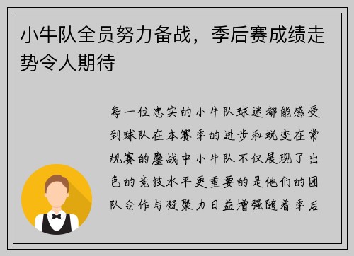 小牛队全员努力备战,季后赛成绩走势令人期待