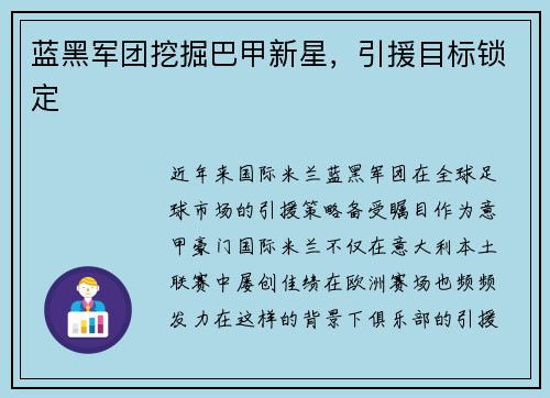 蓝黑军团挖掘巴甲新星，引援目标锁定